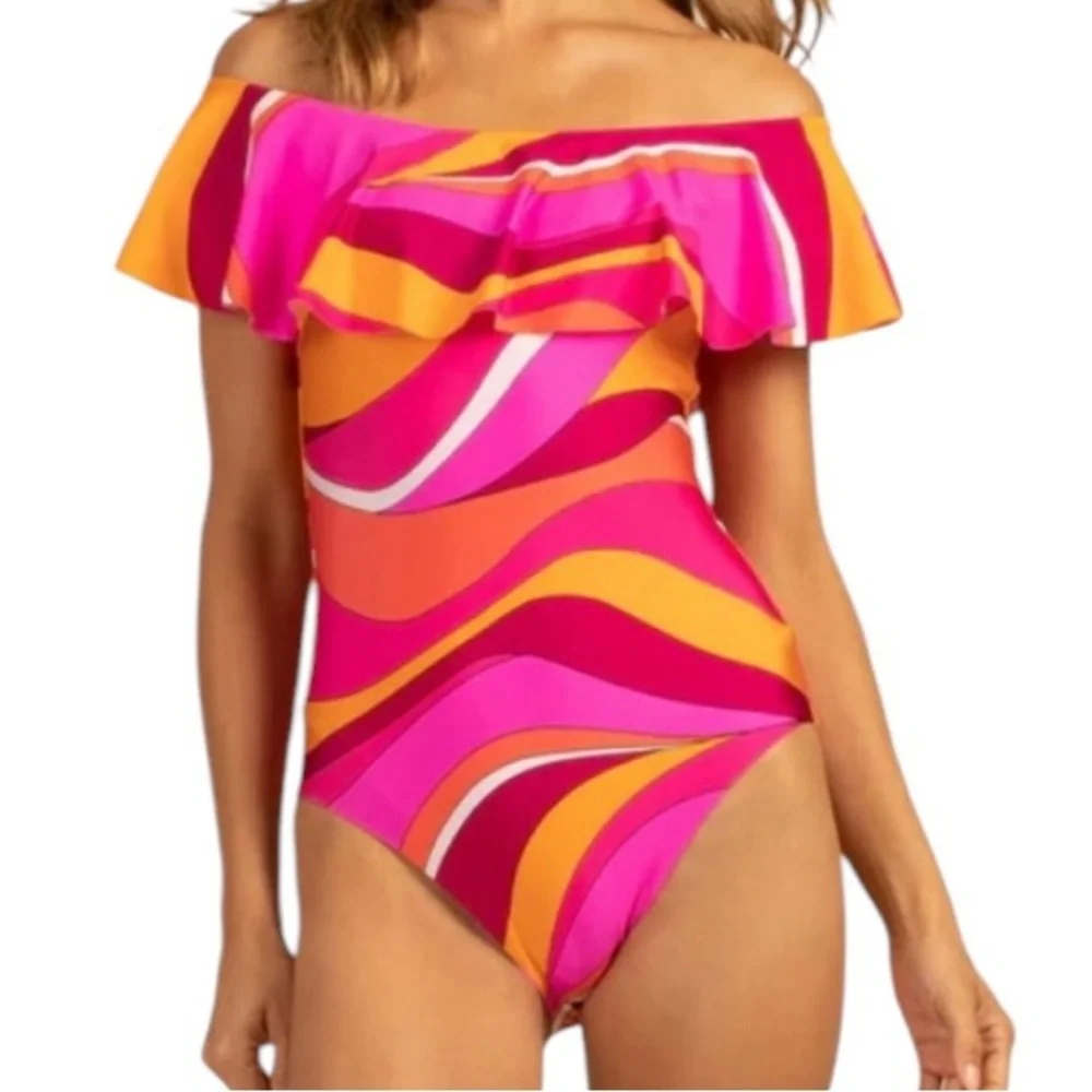 NWT Trina Turk vivid vista ruffle off shoulder one piece  Pink and Orange